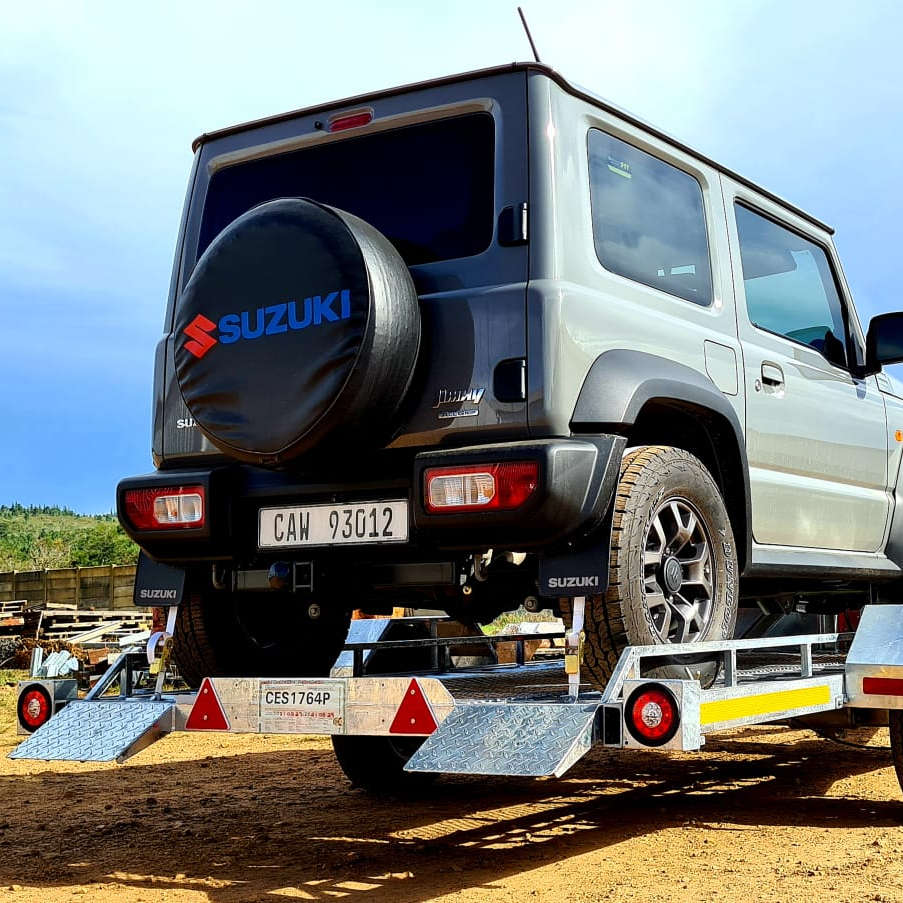 Back view of a custom designed trailer for a Albertinia Ingenieurswerke custom made trailer for a client to tow his Suzuki Jimny when going on holiday.